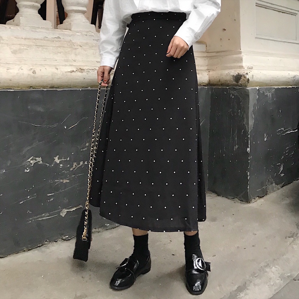 Versi Korea Fashion Chic Retro Pinggang Tinggi Hitam Polka Dot A-line Rok Wanita