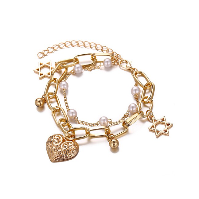 LRC Gelang Tangan Fashion Gold Pearl Love Double Bracelet F96374