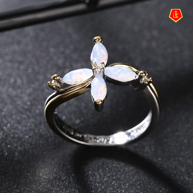 [Ready Stock]18K Gold Color Separation Inlaid Gem Cross Ring Personality Fashion