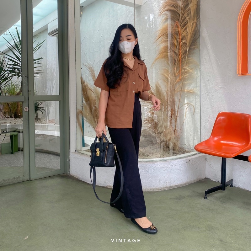 KEMEJA WANITA CASUAL POCKET TOP KEMEJA WANITA POLOS BASIC MURAH-Choco