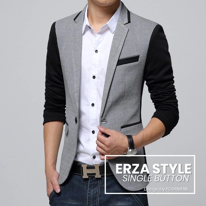 BLAZER ERZA COMBI GREY SLIMFIT KOREAN STYLE ORIGINAL NIKAYU TWIST - BLAZER COWOK KEREN EXCLUSIVE BISA COD