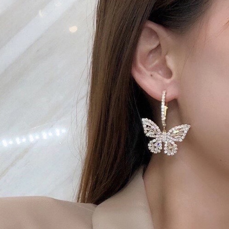 Fashion Luxury Gold Color Full Diamond Butterfly Pendant Earrings/ High-end Exquisite Geometric Alloy Eardrop