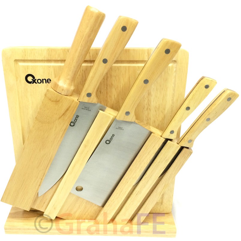  Oxone  Set Pisau Dapur Stainless Steel Rak Kayu  Talenan  