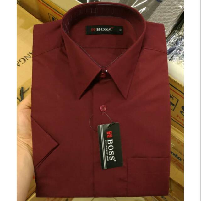 Boss Hem Kemeja Pria Merah Maroon Pendek Reguler Marun Polos