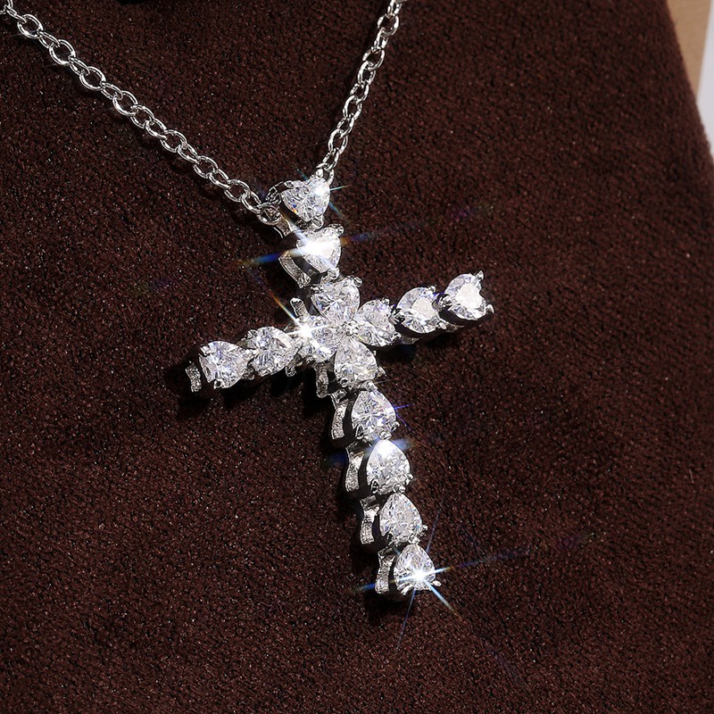 Crystal Heart Cross Pendent Necklaces For Women Shiny CZ Fine Anniversary Gift Fashion Versatile Female Necklace