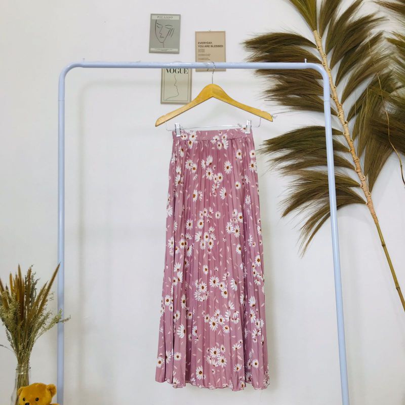 ROK PLISKET BUNGA DAISY / ROK PLISKET PREMIUM / ROK WANITA-Daisy pink