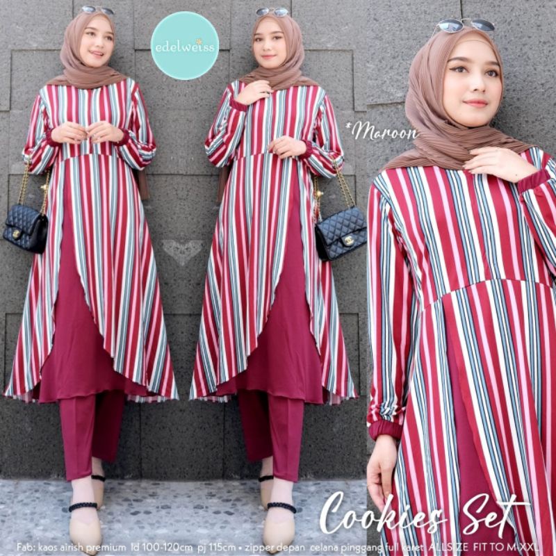 SETELAN TUNIK MOTIF GARIS + CELANA POLOS COOKIES SET BY EDELWEISS