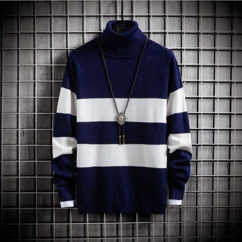 Turtle neck Pria Pullover Strip Kerah tinggi