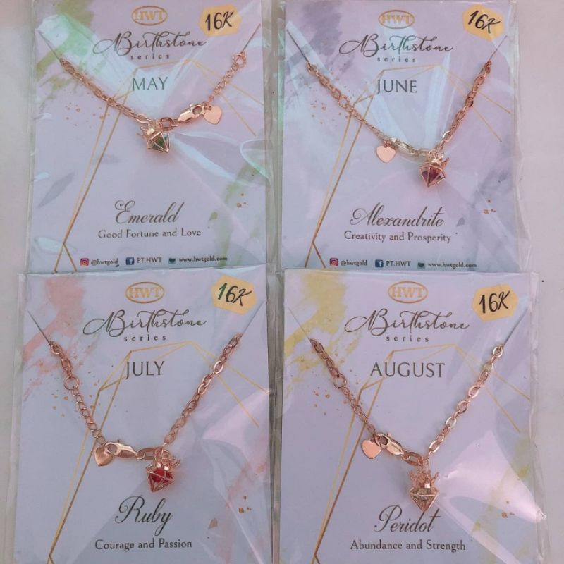 Kalung, anting, cincin dan gelang birthstone batu warna bulan lahir HWT kadar 16K 700