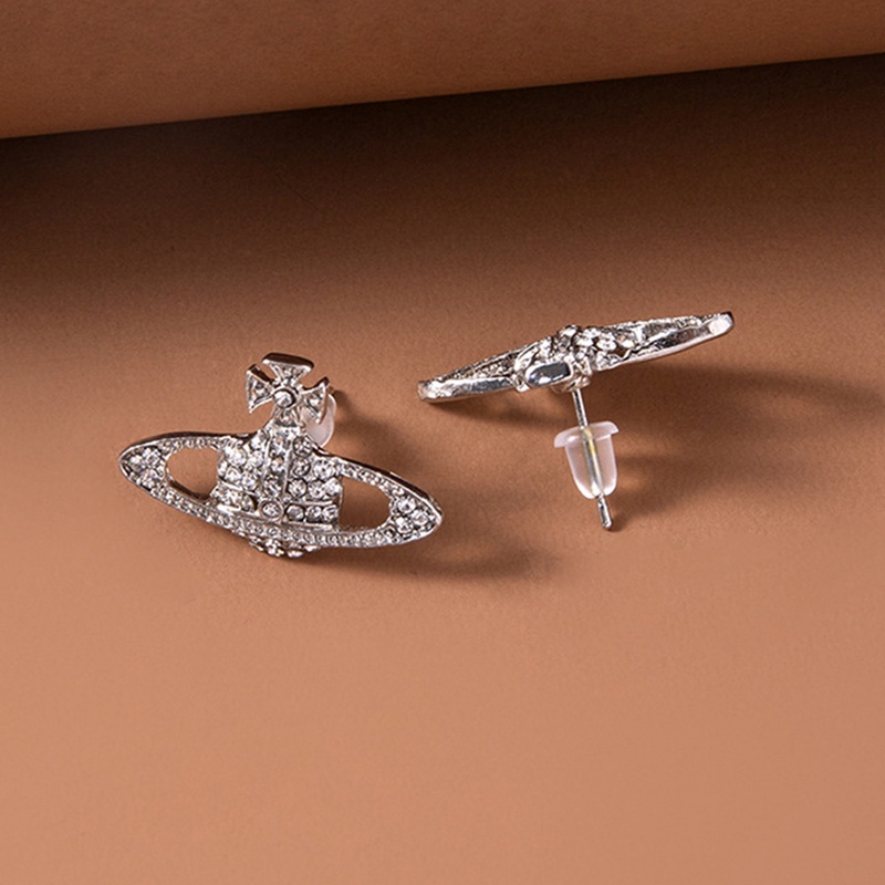 Anting Stud Desain Planet Saturnus Aksen Berlian Bahan Alloy Untuk Wanita