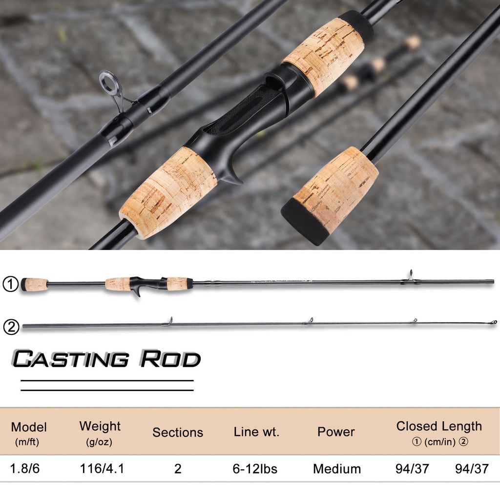 2 Bagian Spinning Fishing Rod / Casting Fishing Rod Dengan Carbon Rod Body Untuk Air Tawar (1.8m)