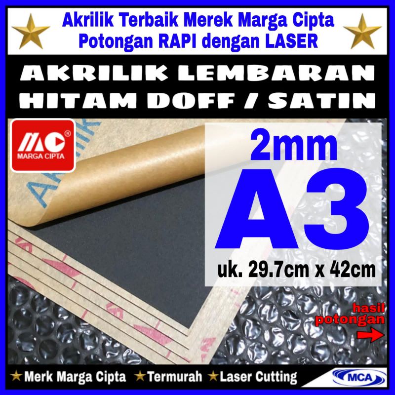 AKRILIK lembaran HITAM DOFF / SATIN 2mm A3 / Marga cipta / Acrylic