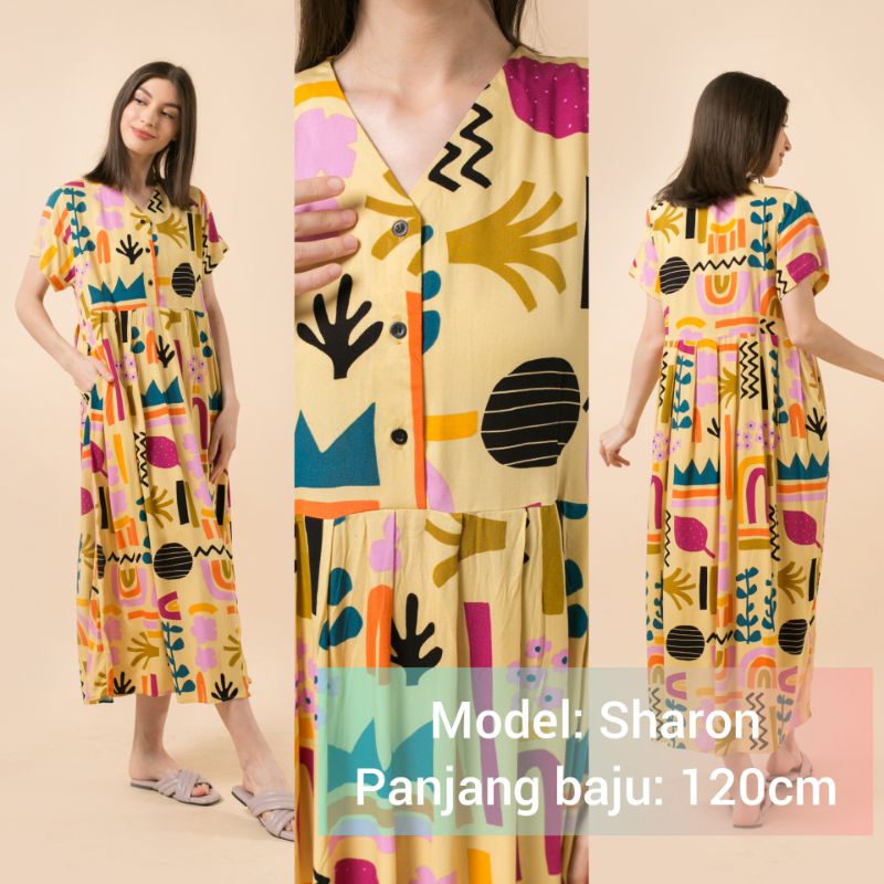 DASTER KHALIFS SLEEPWEAR EXCLUSIVE KHALIF'S ID HOMEWEAR HOMEDRESS RAYON VALENCIA SUPER PREMIUM BUSUI BAJU HAMIL FRIENDLY MIDI NYAMAN GEMES ADEM TERBARU-SHARON ColorfulYelow