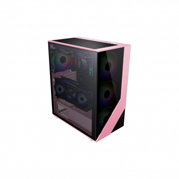 CASING ENLIGHT RAMPAGE - BLACK PINK TEMPERED GLASS GAMING CASE 4 FAN - Merah Muda