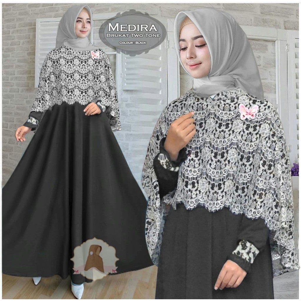 DW55 BAJU GAMIS PESTA REMAJA BATWING BROKAT KOMBINASI POLOS MODERN