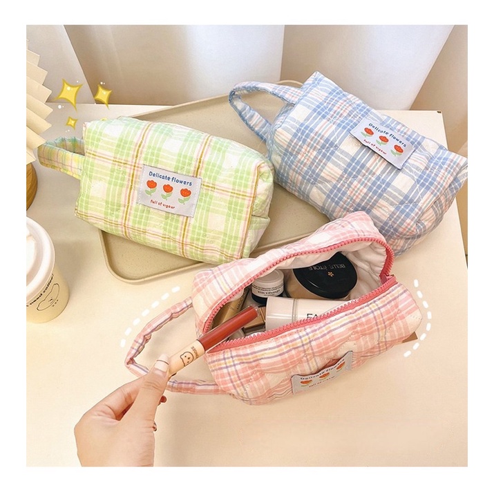 KENSHO Kotak Pensil Kain Flower Sleting Bunga Aesthetic Plaid Kotak Korea / Pencil Case Lucu Import / Flowers