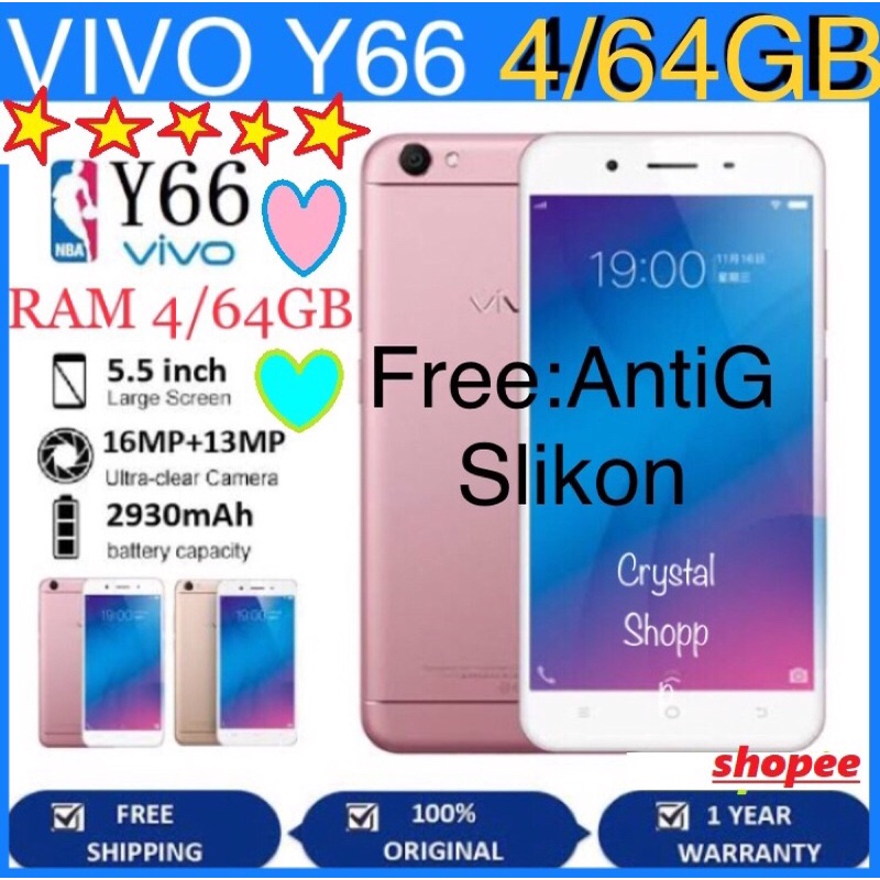 Hp VIVO Y66 ORi RAM 4/64GB [Dual Sim Li-Po 4100mAh+Layar 5,5inci+12MP] BARU FULSET GARANSI 1TAHUN