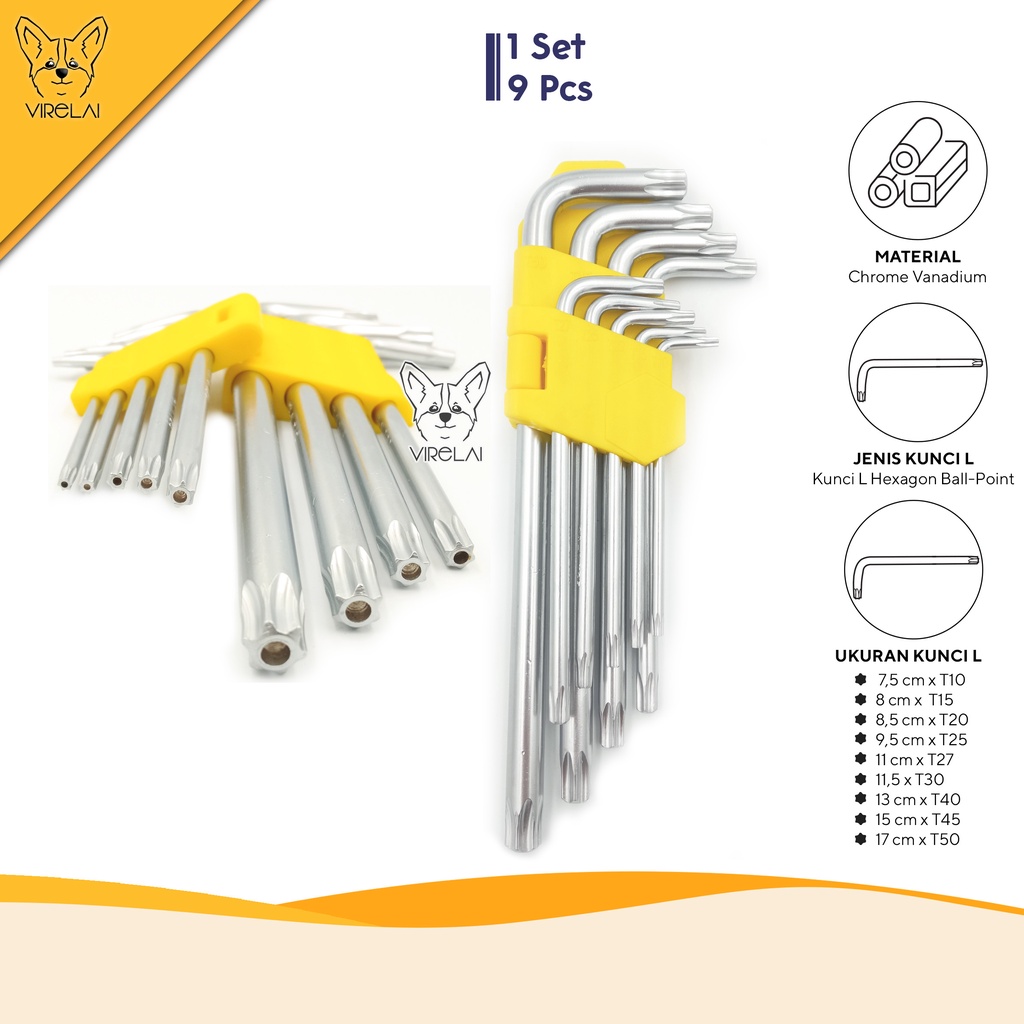 Kunci L Bintang / Hexagon Ball-Point Set 9 Pcs / Star L Key / Hexagon Ball-Point Set 9 Pcs [HONG TU]