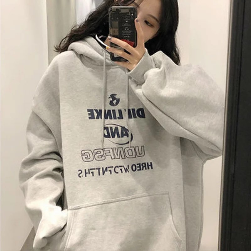 Hoodie Wanita Oversize Korean Style Xxl Murah Bahan Cotton Fleece Tebal Sweater Polos Ori Kekinian