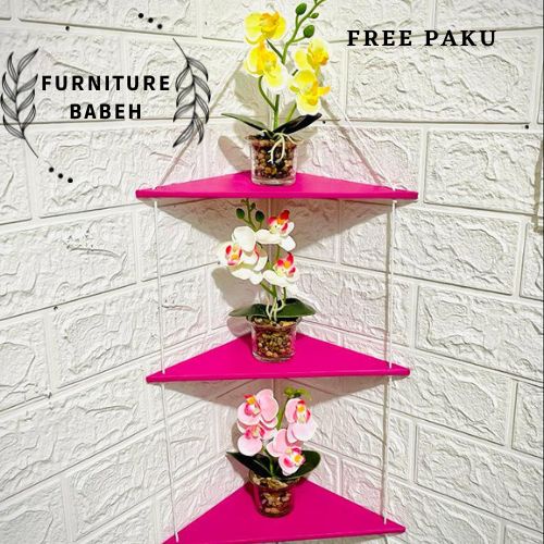 furniture rak gantung tali/rak sudut segitiga 3 susun/rak tatakan bunga/rak penyimpanan barang kesayangan/rak kosmetik/rak serbaguna minimalis dan estetick