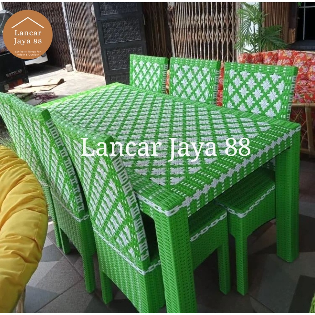 Meja Makan Rotan Sintetis Kursi 6 Motif