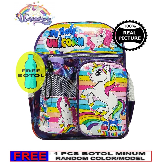 Tas Ransel Mini anak Sekolah PAUD/TK karakter UNICORN free botol // Tas ransel ngaji UNICORN