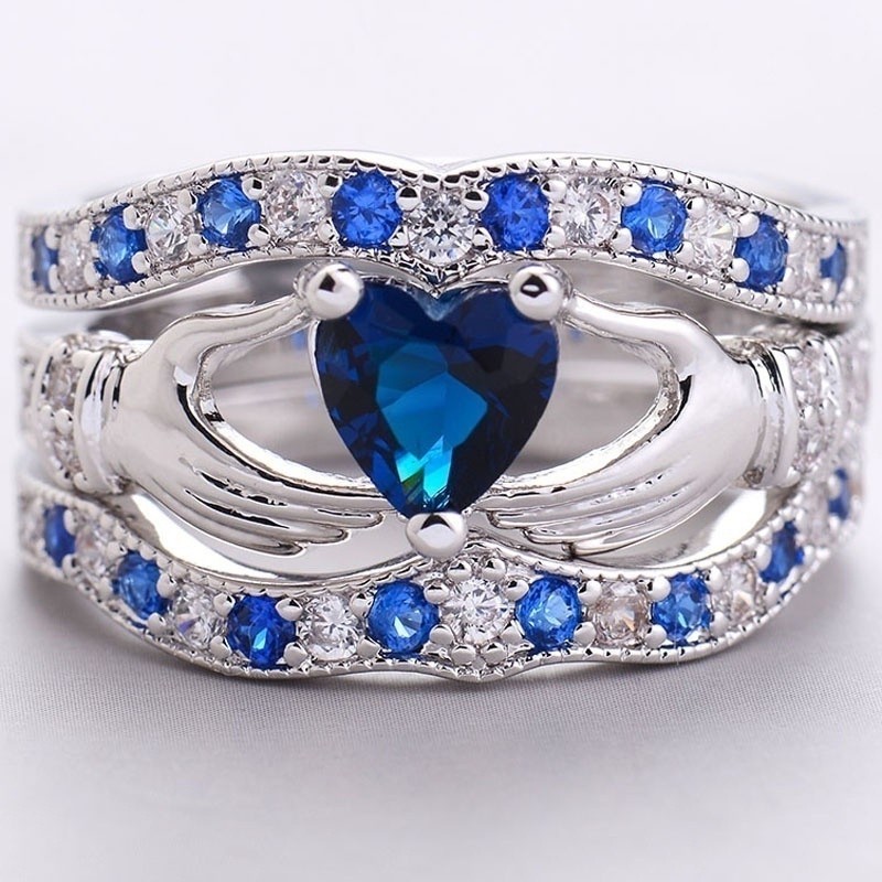 SeuSuk 3pcs Claddagh Heart Cut Sapphire&amp;Silver Crystal Ring Wedding For Gifts