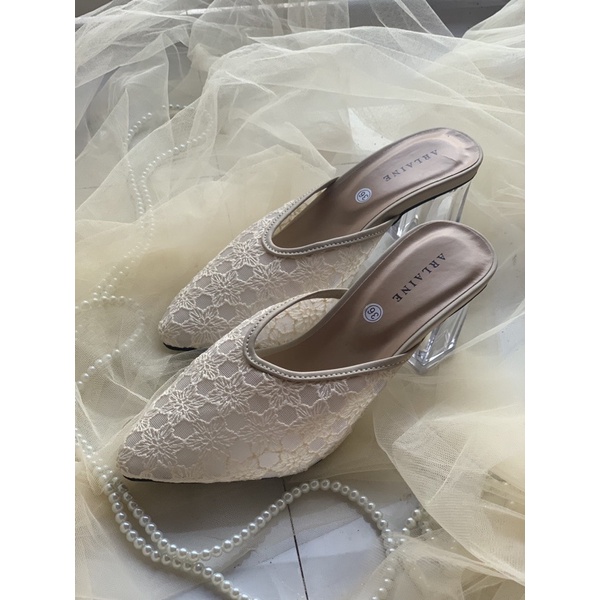 TERMURAH!!!! READY STOK Heels Brukat Zara Hak Kaca 7cm/ sepatu pengantin/ sepatu brokat/ sepatu mewah/ sandal seserahan-Hak kaca 7cm Cream