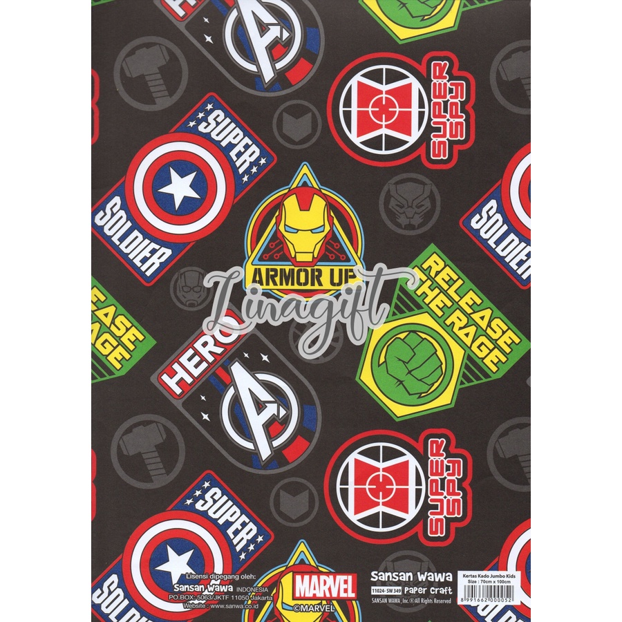 ( 5 Lembar ) JUMBO HEROES - KERTAS KADO SANWA - GIFT WRAPPING PAPER SANSAN WAWA SUPERHEROES BIRTHDAY BOY SPIDERMAN CAPTAIN AMERICA THE FLASH AVENGERS HULK IRON MAN