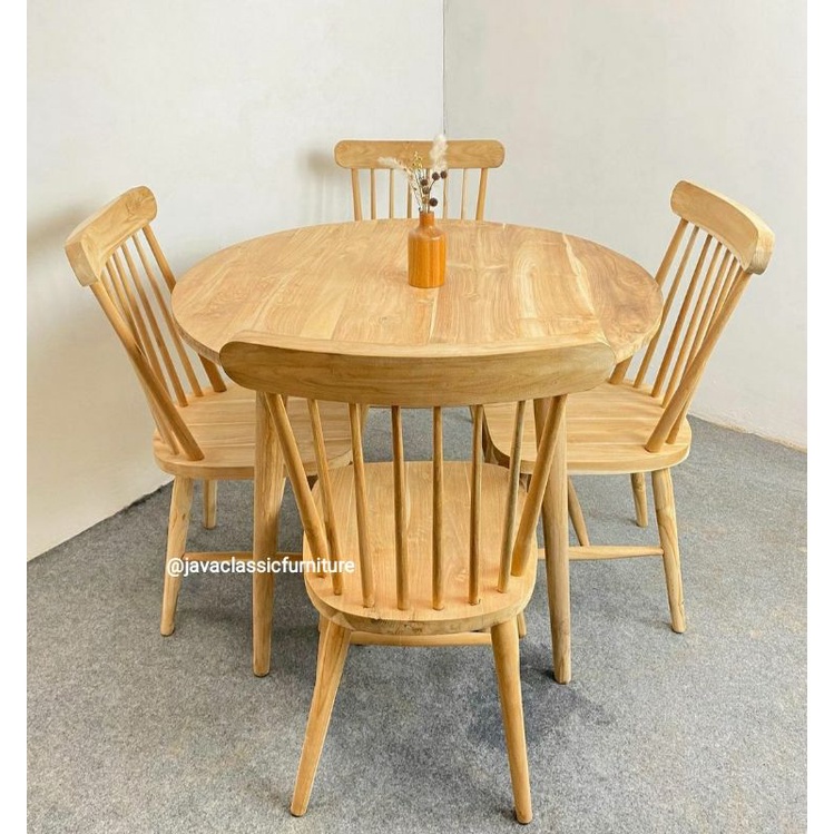 1 SET KURSI MEJA MAKAN CAFE RESTO BULAT JARI JARI MINIMALIS DINNING CHAIR RUANG TAMU RETRO COFFE KOPI BAHAN KAYU JATI NATURAL VINTAGE TERAS MURAH FURNITURE MEBEL JEPARA-2
