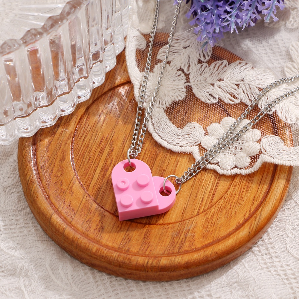 Unisex Heart Shaped Building Block Love Pendant Necklace Stitching Split Necklace Couple Necklace