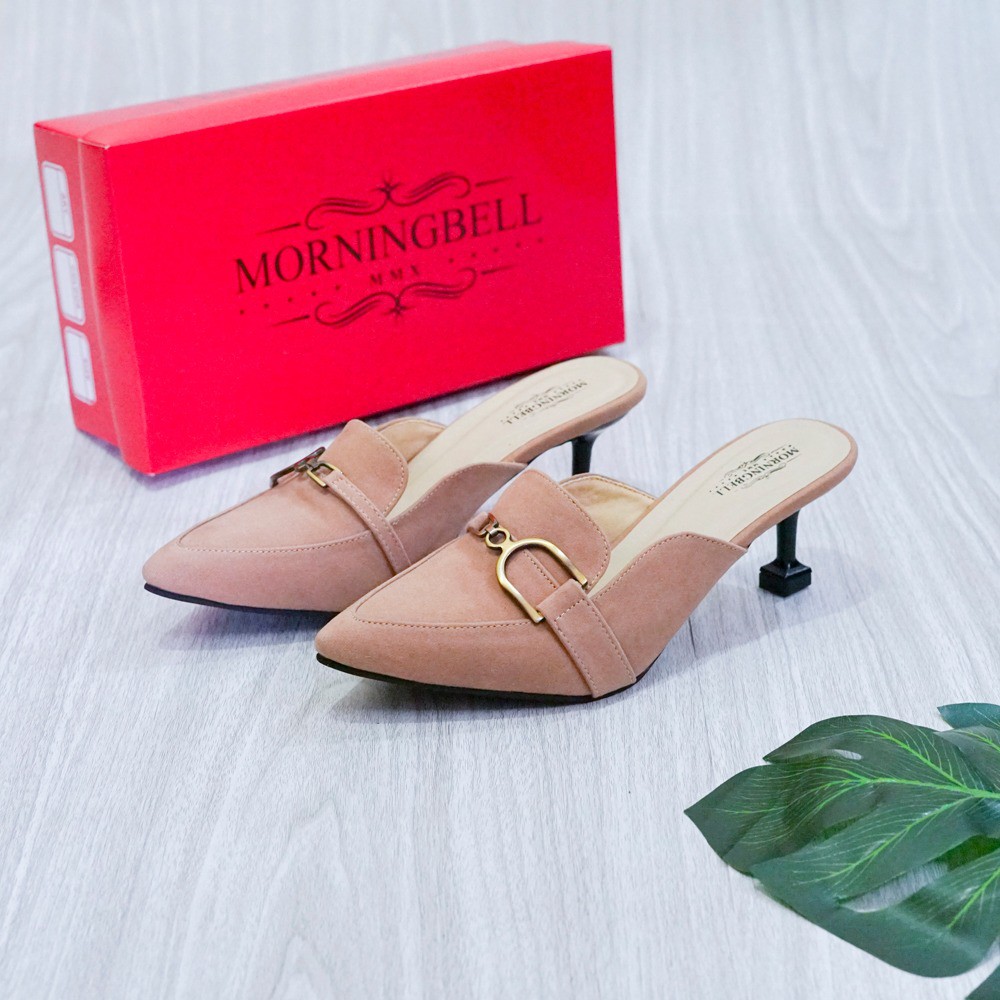 morningbell - high heels sandal wanita mules suede 5cm