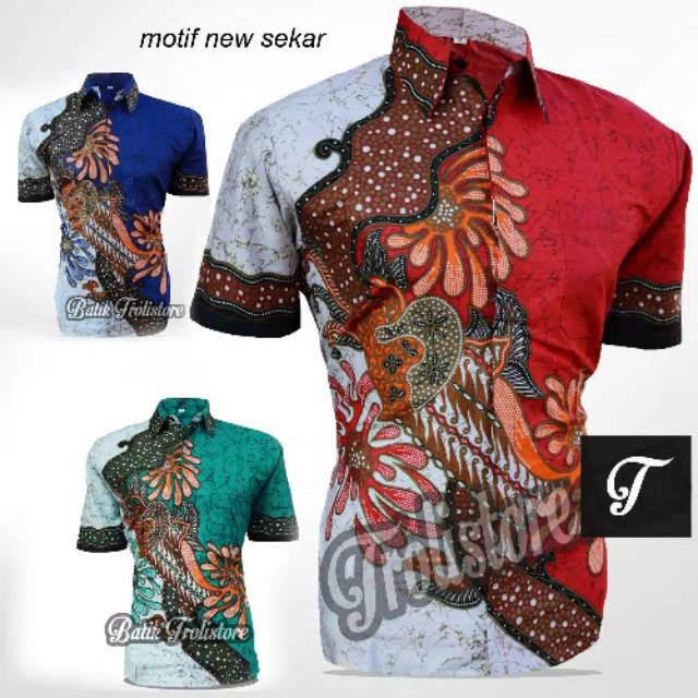 GROSIR BATIK KEMEJA HEM PRIA MOTIF NEW.SEKAR MERAH BIRU TOSCA