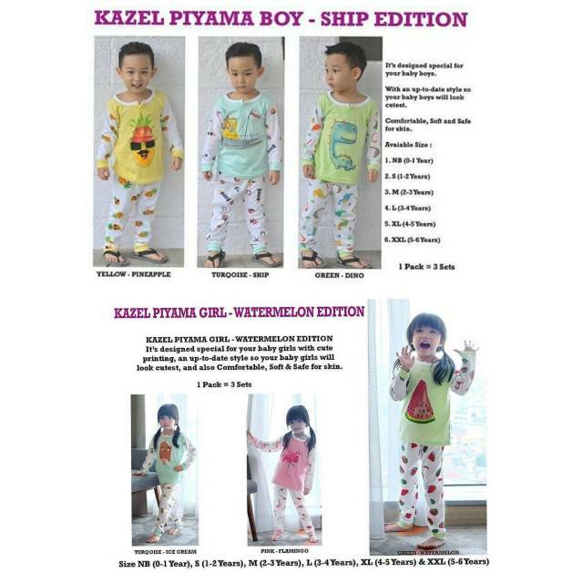 (1 Stel)KAZEL PIYAMA BOY(SHIP) &amp; GIRL(WATERMELON) Size NB