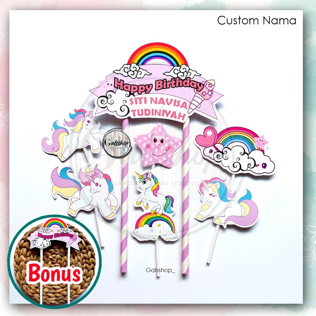 Costum Nama / Foto / Topper Plus Unicorn 2 / Hiasan Kue / Cake Topper