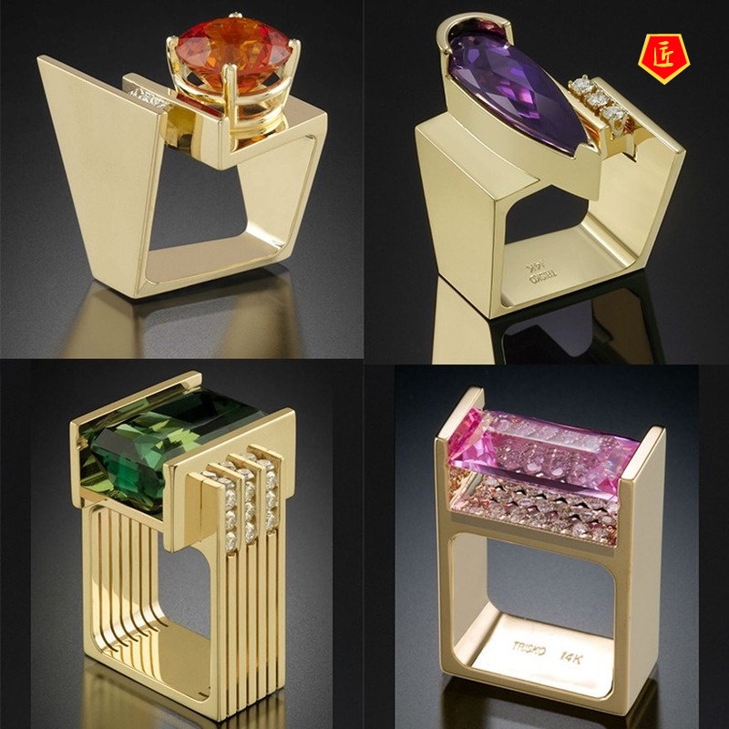 [Ready Stock]Creative Gold Inlaid Colored Gems Geometric Shape Ring for Women