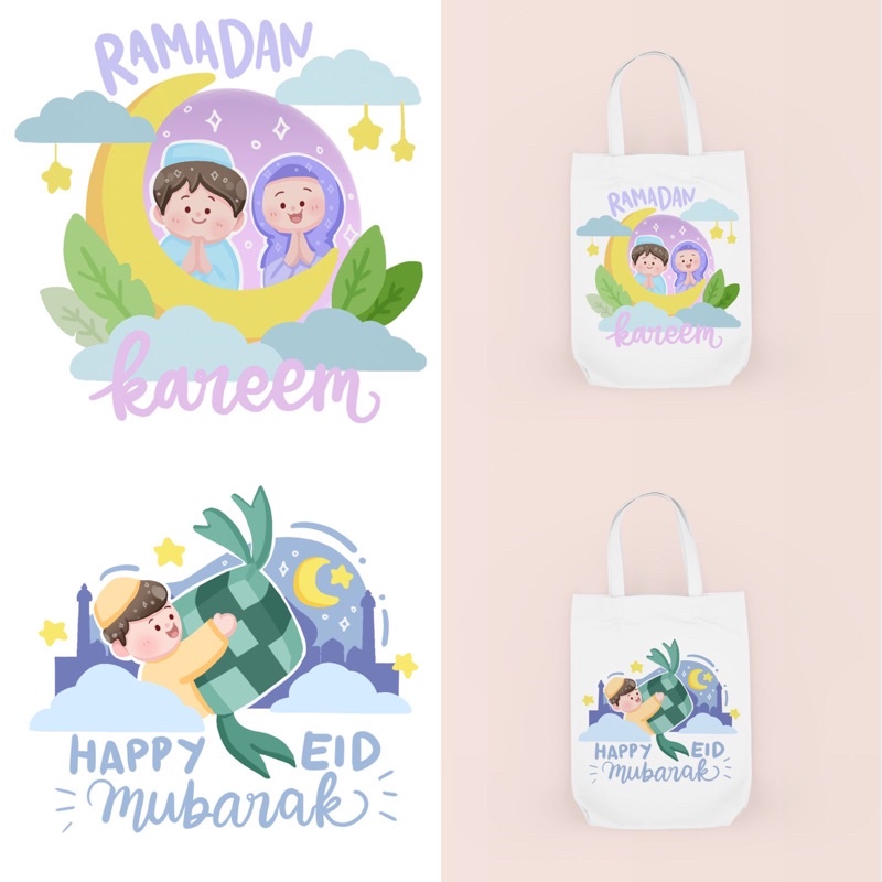 Tas serut atau String Bag dan Tote Bag Bergambar Tulisan Ramadhan Hampers // Eid Mubarak // Kpop//Lebaran Edition