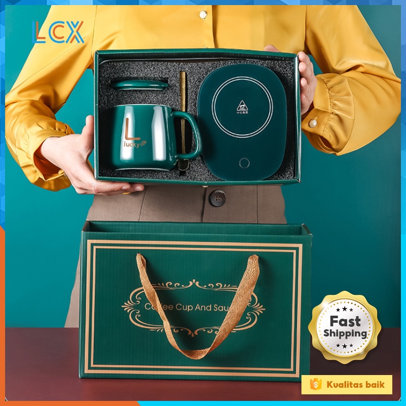 LCX Gelas Set Keramik Cangkir Set Lengkap Dengan Alat Pemanas / Gelas Keramik Motif 55 Derajat Penghangat Kopi Teh Cup VS-1847