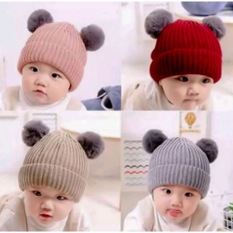 Kupluk pompom bayi /pompom premium / kupluk pompom baby new bron