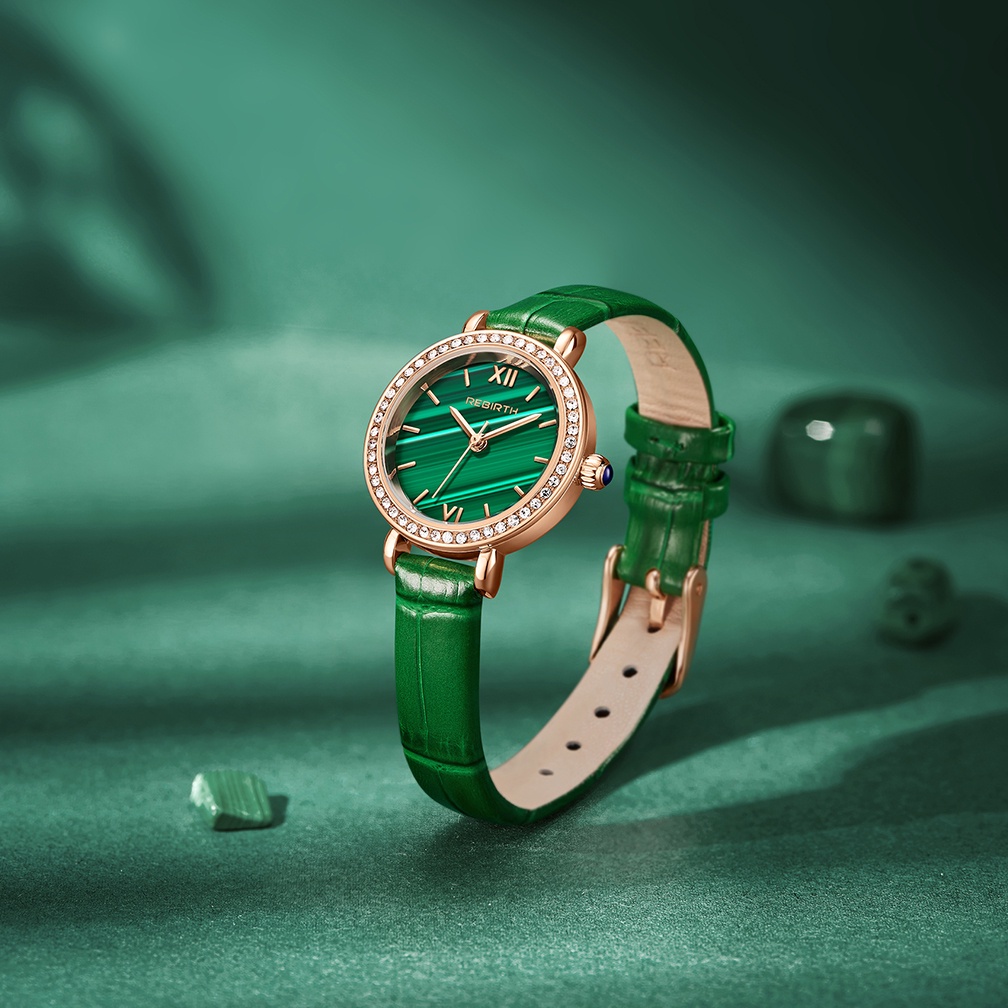 REBIRTH Jam Tangan Wainita Retro Green Dial Tahan Air Kuarsa Tali Kulit Jam Tangan Cewek