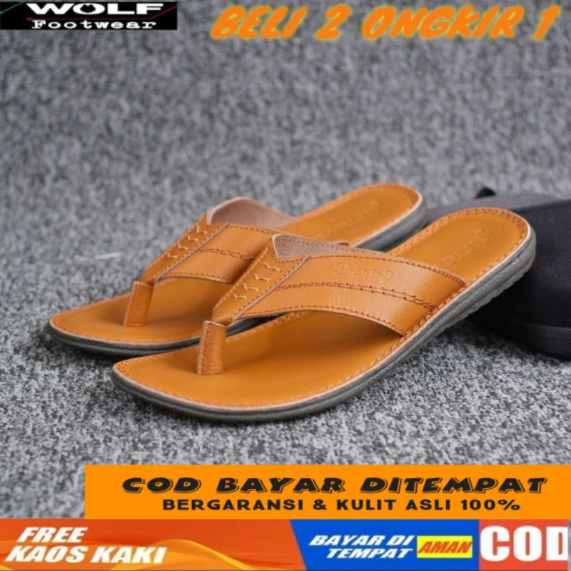 100% ASLI KULIT WOLF x ASTA - Sandal Casual Japit Pria Sendal Jepit Cowok Kulit Asli Full Leather