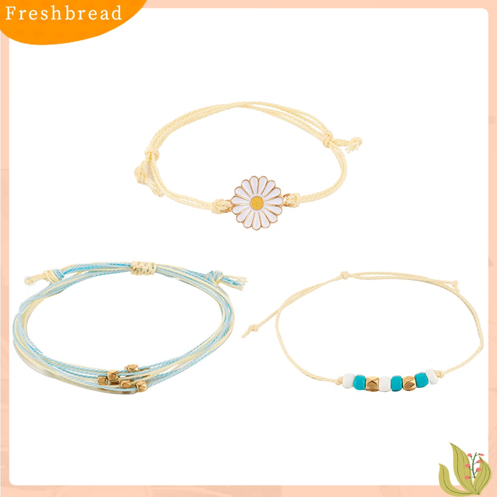 [Fresh] 3Pcs / Set Gelang Tangan Strap Manik-Manik Motif Bunga Ala Bohemian untuk Wanita / Hadiah