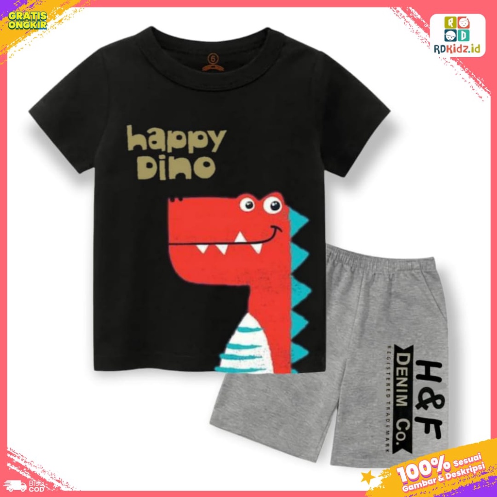 Rdkidzid Set Pendek Anak Laki Laki Setelan Baju Kaos Anak Cowok Motif Dino Happy