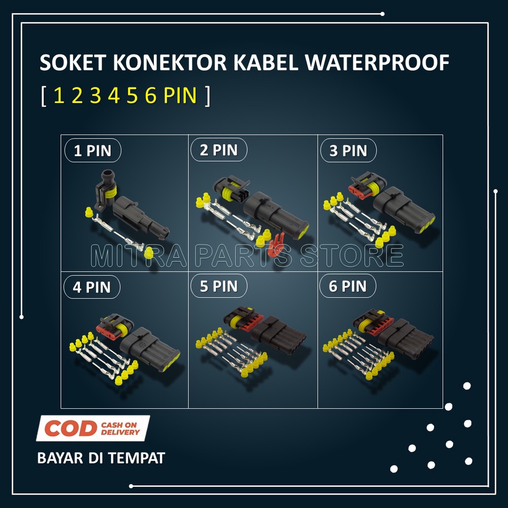 Soket Socket Konektor Kabel 1 2 3 4 5 6 Pin Waterproof Anti Air 1 Set Lengkap dengan Skun Sambungan Kabel include Karet Tahan Air untuk Motor dan Mobil