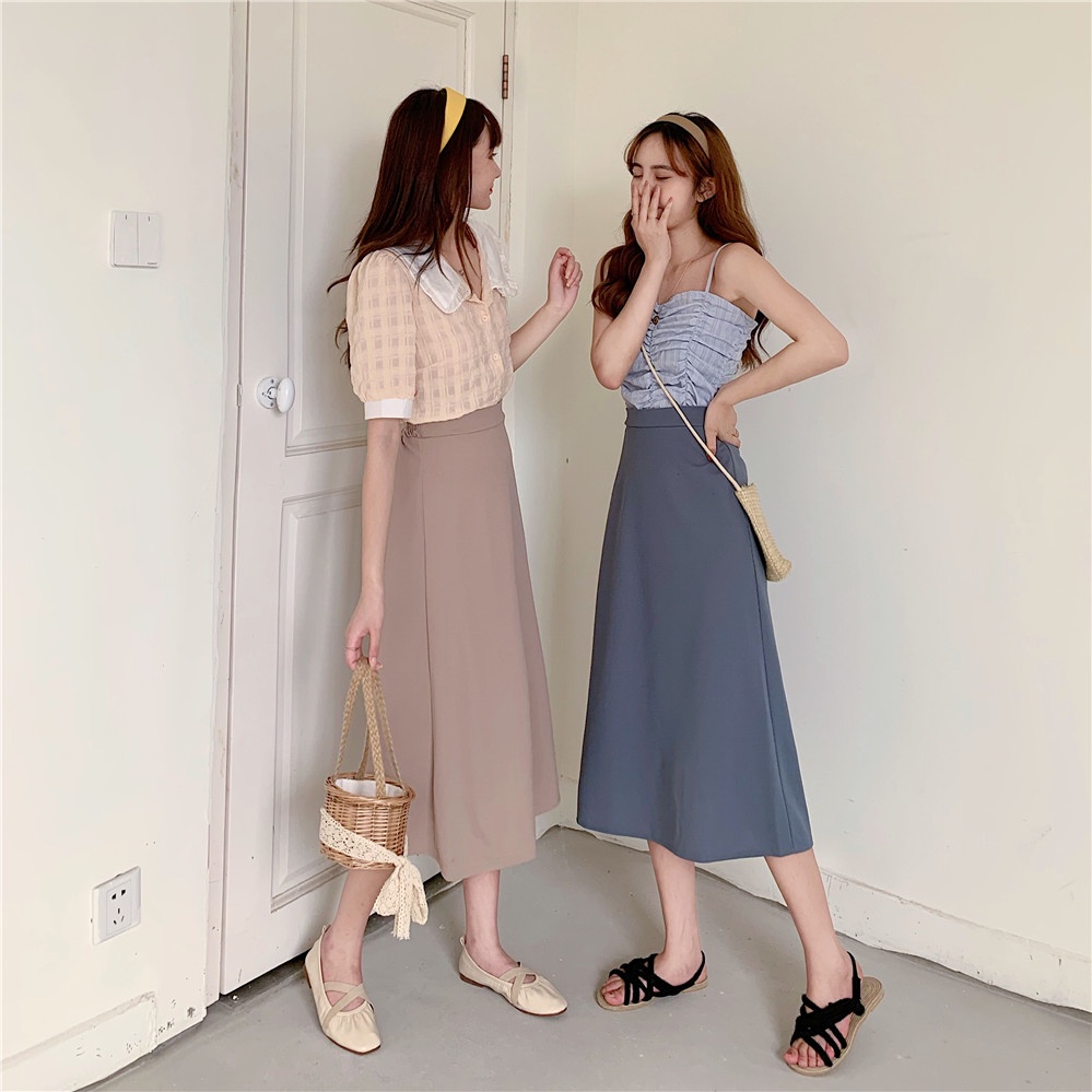 COD New 2022 Fashion Korea Women Black Apricot Blue Midi Skirts The New perangai Pinggang tinggi Tipis Padat warna mid-length ayunan besar rok A-line