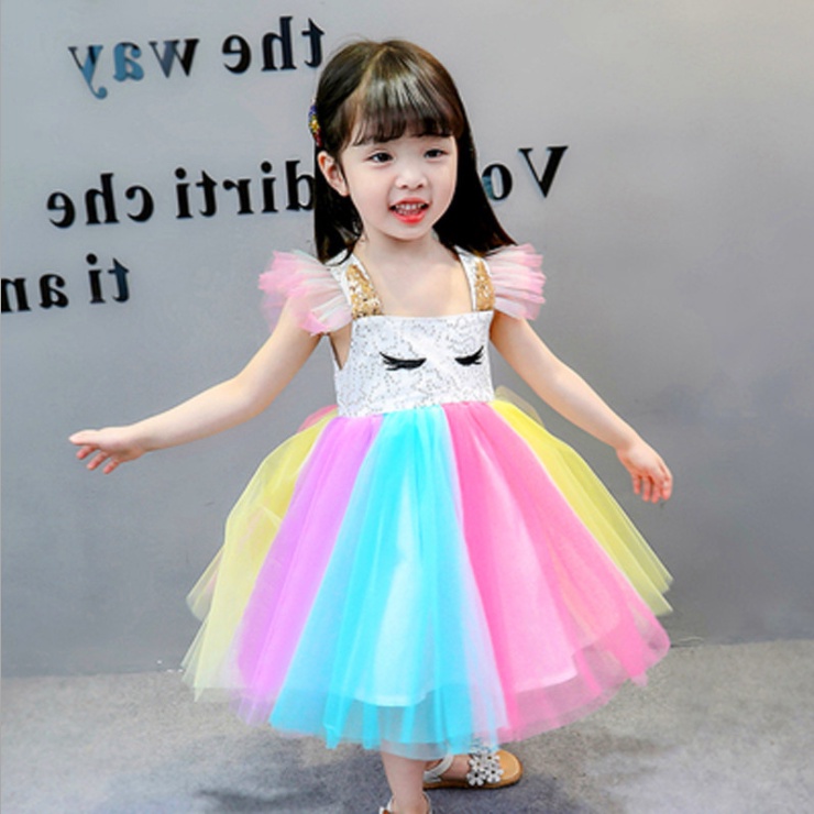 Unicorn Dress Anak Kartun Lucu Pelangi Gaun princess cewek Gadis Import