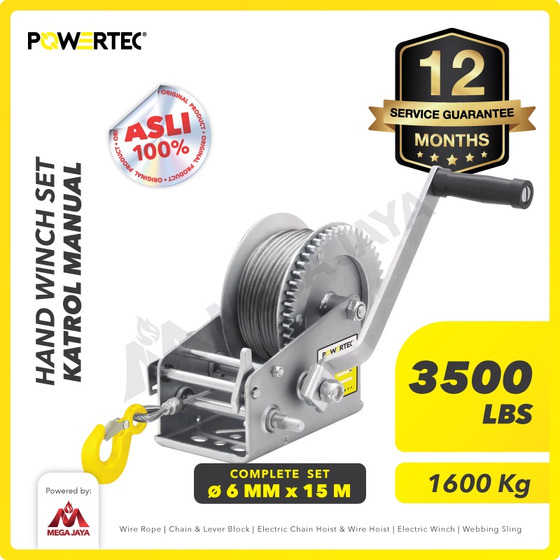 POWERTEC Hand Winch / Katrol Manual 3500lbs / 1600Kg x 15 M Galv