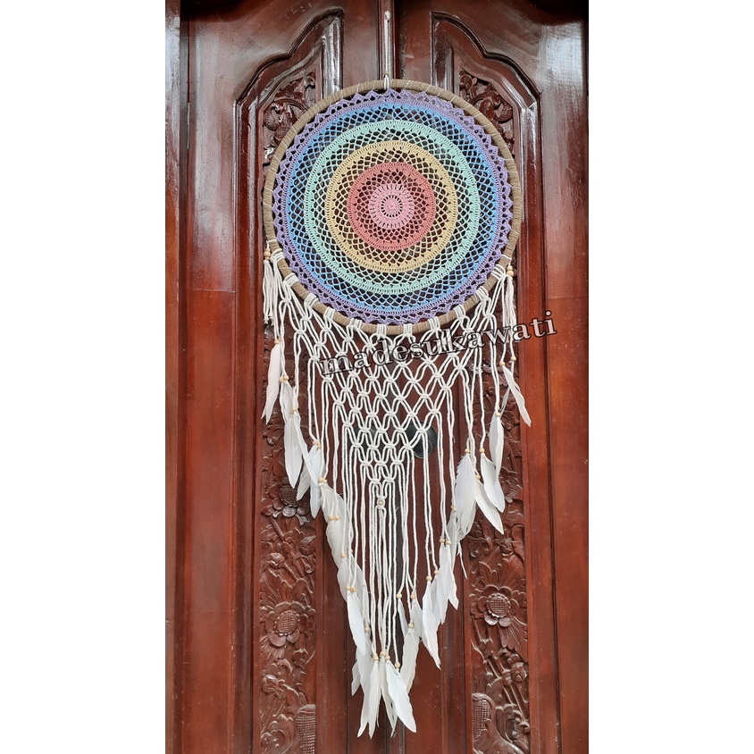 Dream catcher sulam jaring pelangi diameter 52cm dekorasi hiasan rumah bulu ayam