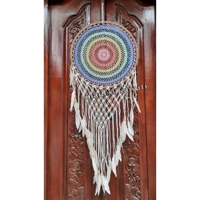 Dream catcher sulam jaring pelangi diameter 52cm dekorasi hiasan rumah bulu ayam