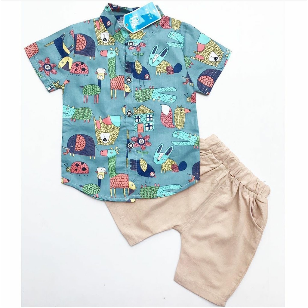 Baju setelan kemeja celana motif binatang lucu bestseller Baju setelan kemeja celana motif binatang lucu bestseller